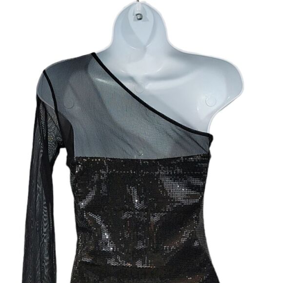 Forever 21 Sheer Mesh One Shoulder Sequin Little Black Dress Size Small - Picture 4 of 8
